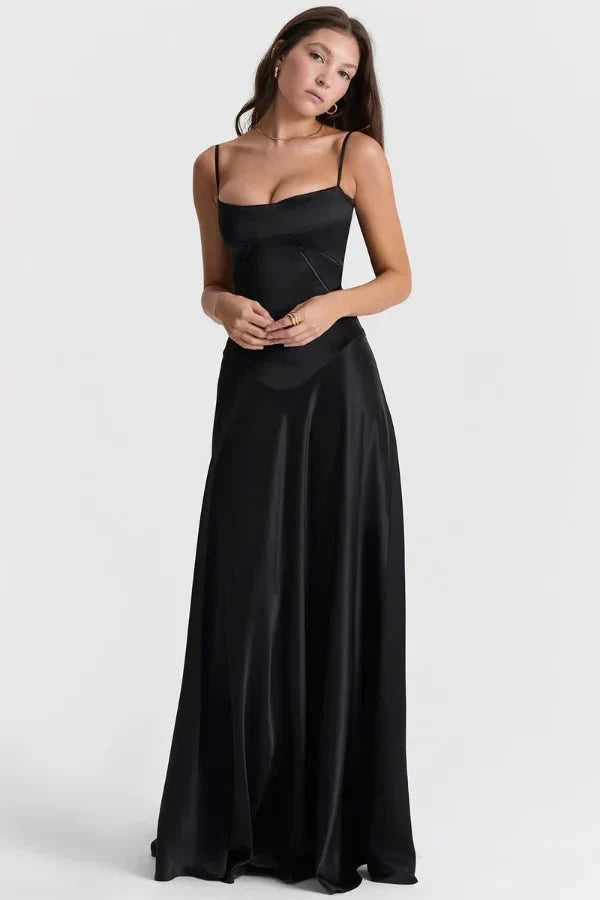 Black corset maxi dress with thin straps and structured bodice