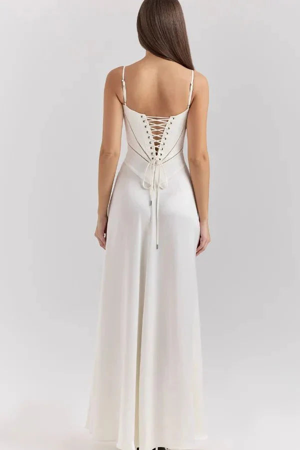 Cream corset maxi dress with lace-up back and adjustable tie detail