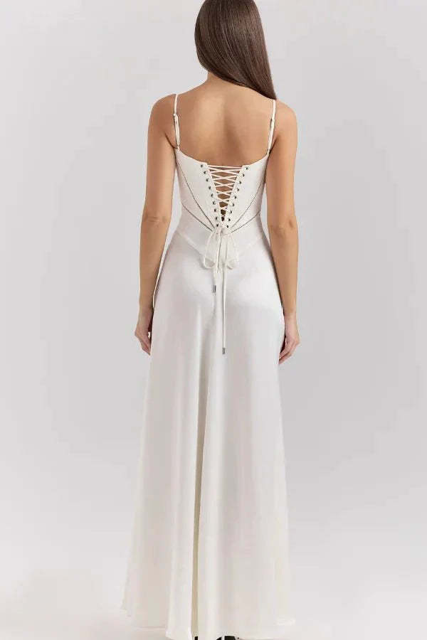 Cream corset maxi dress with lace-up back and adjustable tie detail