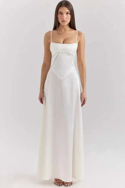 Cream corset maxi dress front view with structured sweetheart neckline