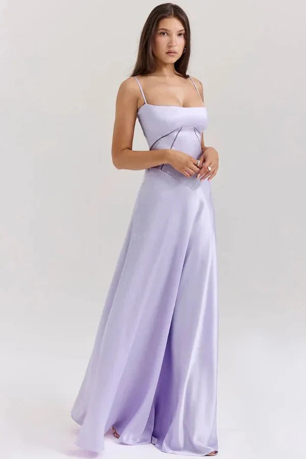 Lavender corset maxi dress with spaghetti straps and sweetheart neckline