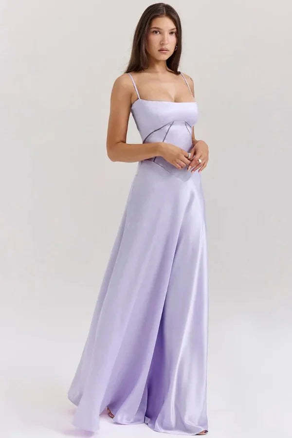 Lavender corset maxi dress with spaghetti straps and sweetheart neckline