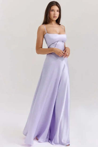 Lavender corset maxi dress with spaghetti straps and sweetheart neckline