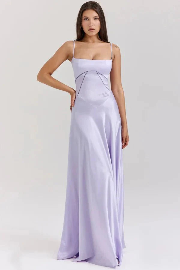 Lilac corset maxi dress with fitted bodice and flowing floor-length skirt