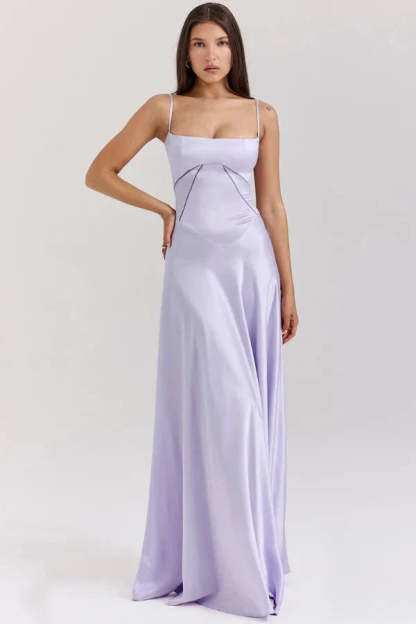 Lilac corset maxi dress with fitted bodice and flowing floor-length skirt