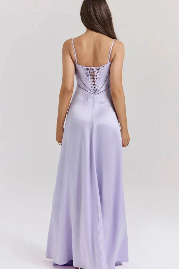 Lavender corset maxi dress with lace-up back and flowing skirt