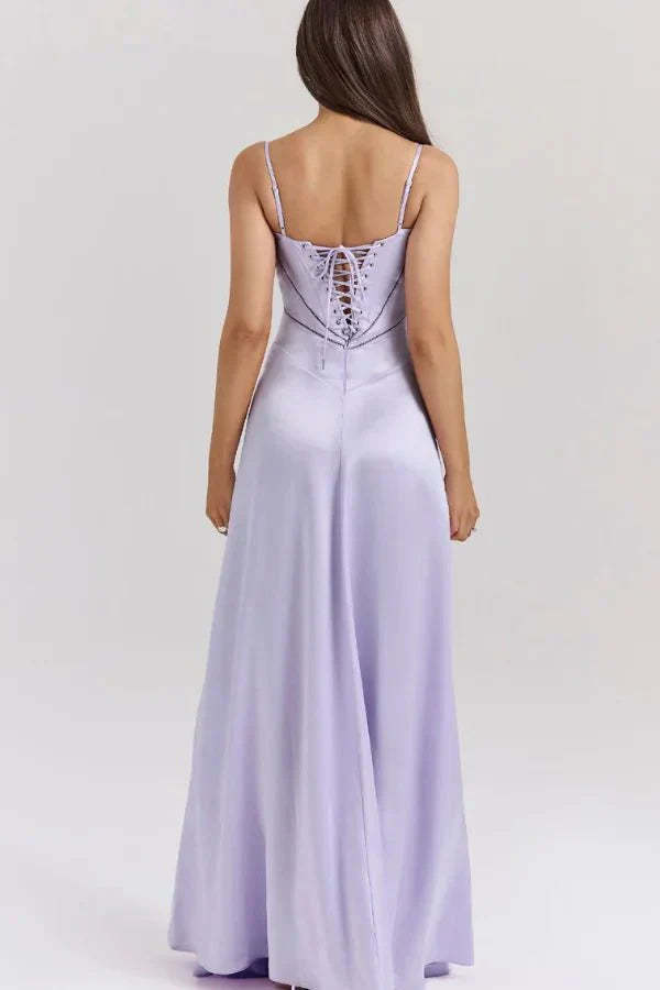 Lavender corset maxi dress with lace-up back and flowing skirt
