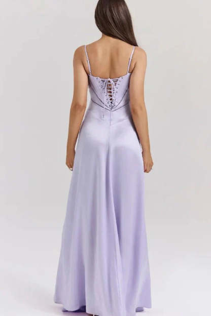 Lavender corset maxi dress with lace-up back and flowing skirt