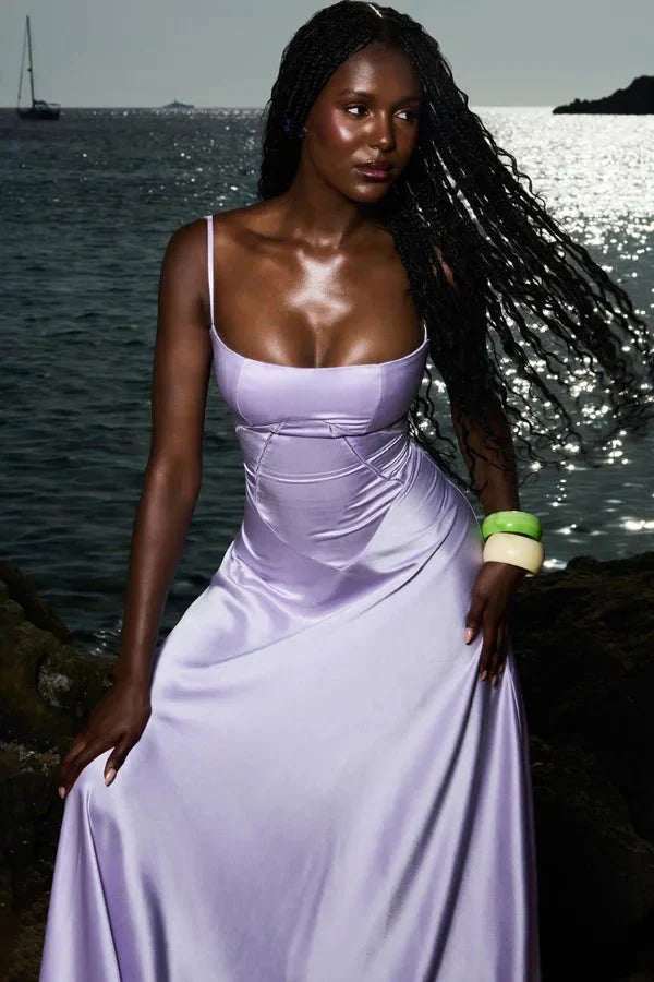 Lavender corset maxi dress with square neckline and ruched waist by ocean