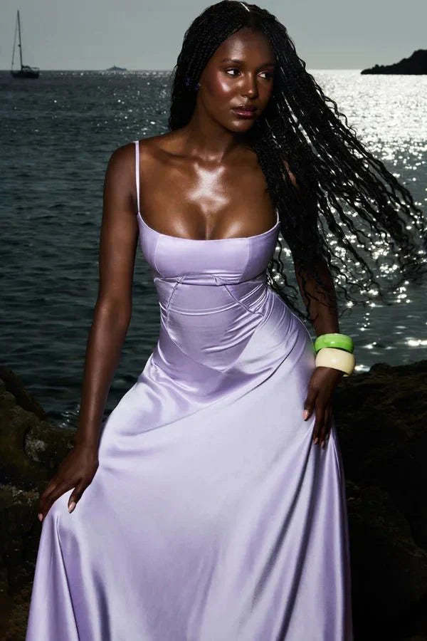 Lavender corset maxi dress with square neckline and ruched waist by ocean