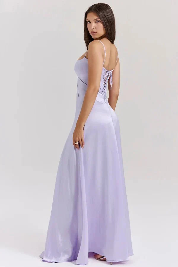 Lavender corset maxi dress with lace-up back and flowing train detail