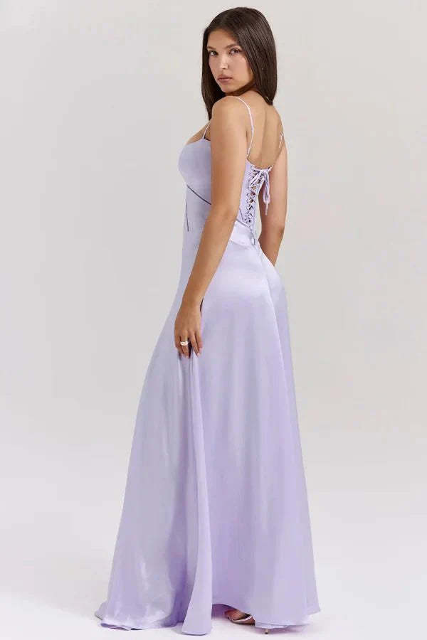 Lavender corset maxi dress with lace-up back and flowing train detail