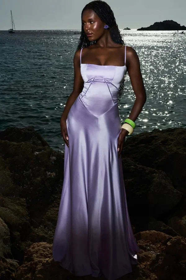 Lavender corset maxi dress with square neckline and ruched bodice by rocks
