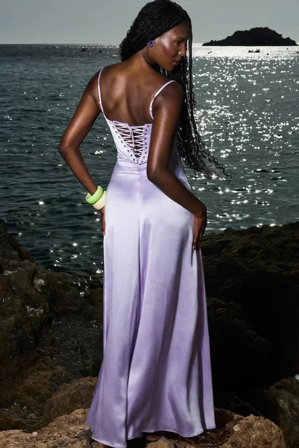 Lavender corset maxi dress with lace-up back and ombre skirt by seashore