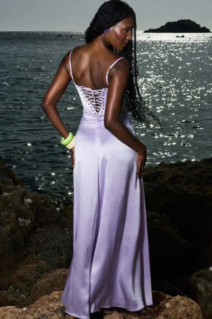 Lavender corset maxi dress with lace-up back and ombre skirt by seashore