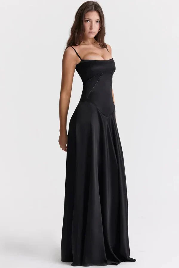 Black corset maxi dress with thin straps side profile view