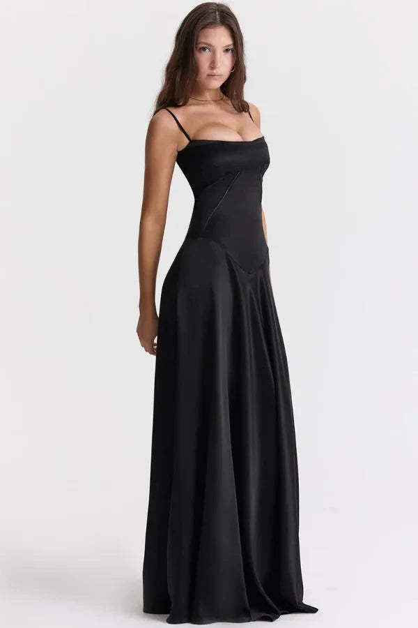 Black corset maxi dress with thin straps side profile view