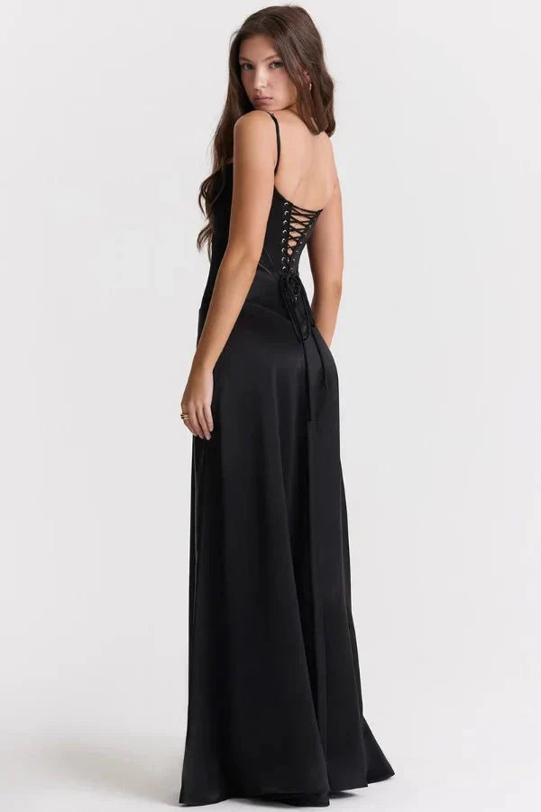 Black corset maxi dress with lace-up back detail