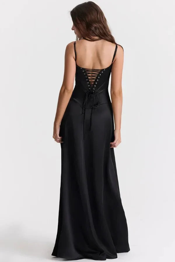 Black corset maxi dress with corset lacing and open back