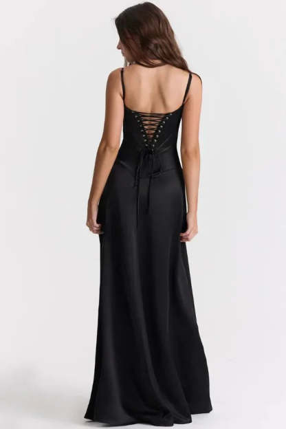 Black corset maxi dress with corset lacing and open back