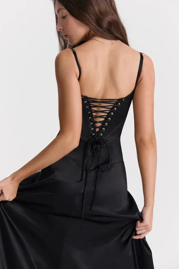 Black corset maxi dress with lace-up corset back detail close-up
