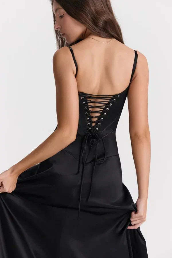 Black corset maxi dress with lace-up corset back detail close-up