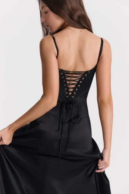 Black corset maxi dress with lace-up corset back detail close-up