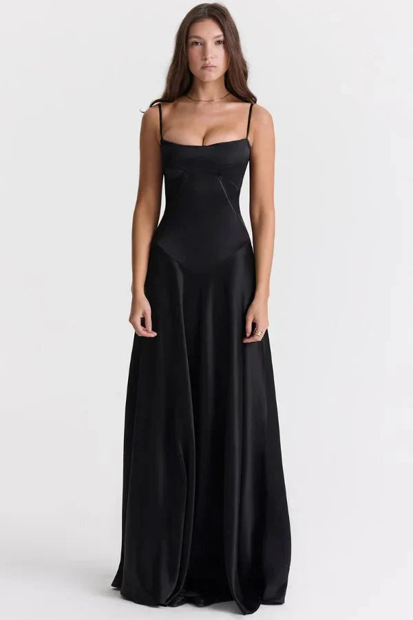 Black corset maxi dress with spaghetti straps and fitted bodice