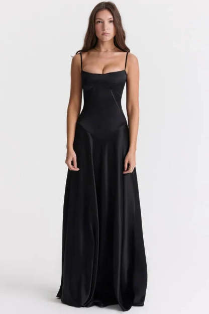 Black corset maxi dress with spaghetti straps and fitted bodice