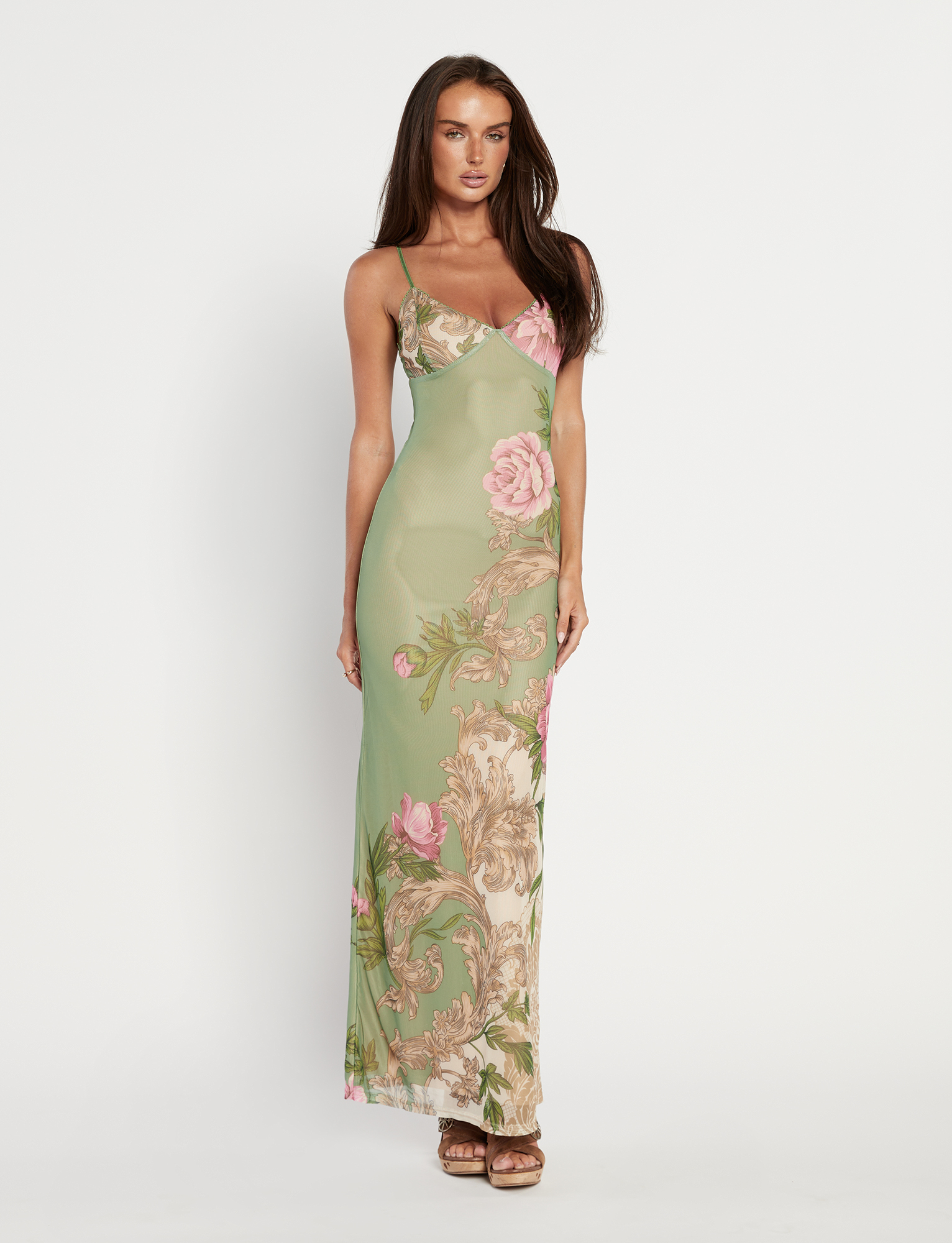 Full length sage green floral maxi dress with pink peonies and ornamental details