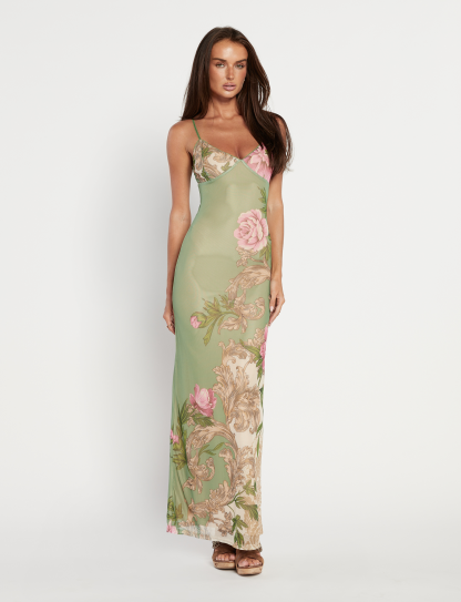Full length sage green floral maxi dress with pink peonies and ornamental details