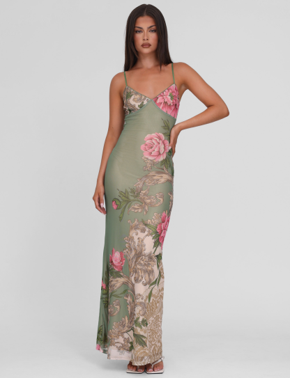 Sage green floral maxi dress with sweetheart neckline and pink rose print