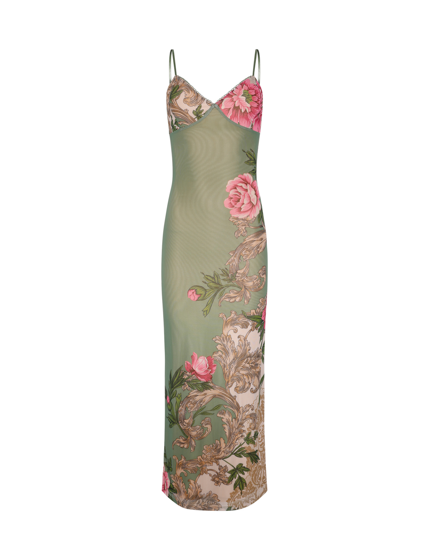 Flat lay front of sage green maxi dress with pink peony and cream ornamental print