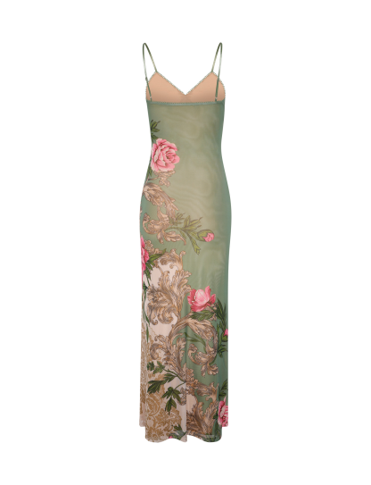 Flat lay back of floral maxi dress showing full pink rose and scroll pattern