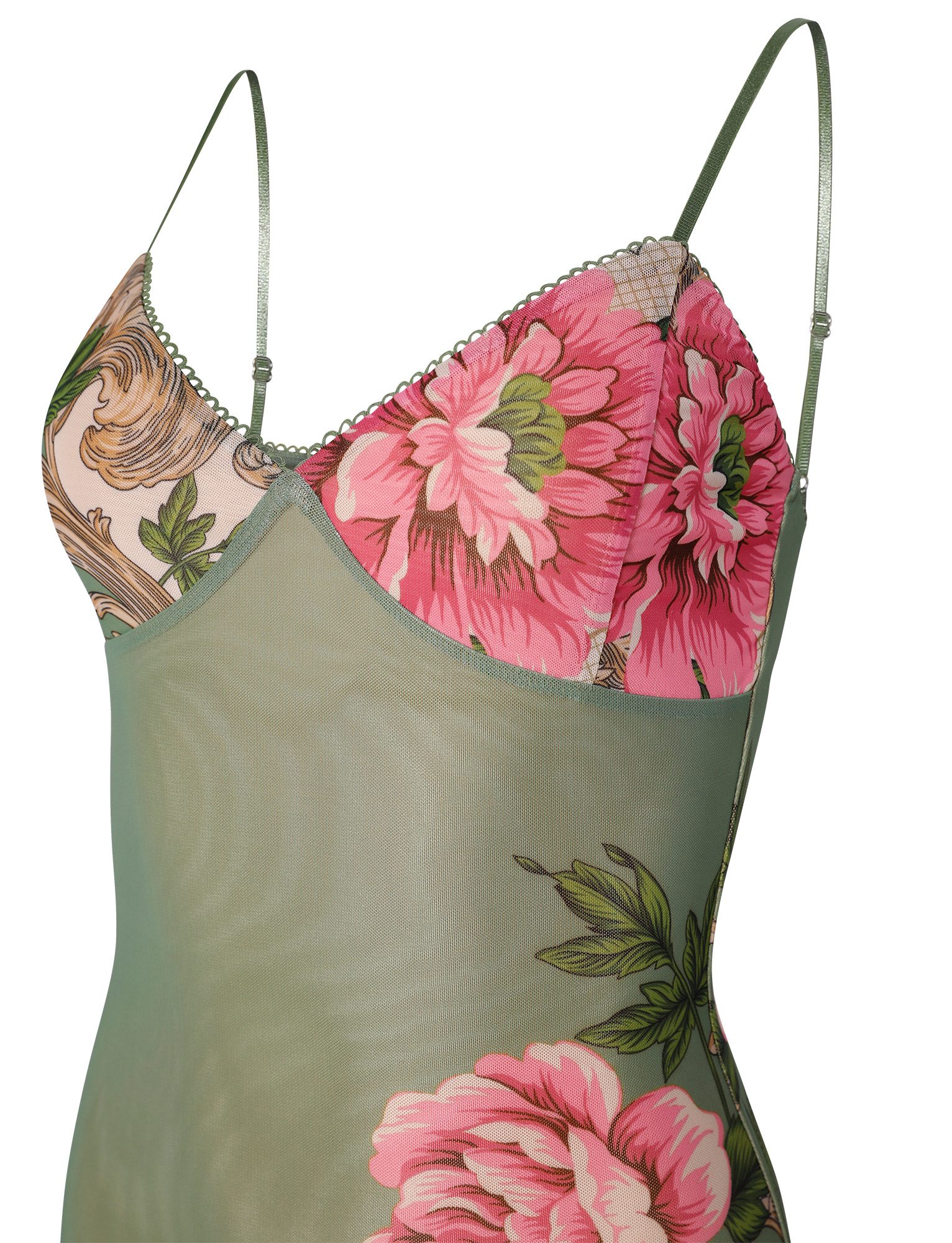 Close-up detail of sweetheart bodice with pink peonies and ornamental stitching