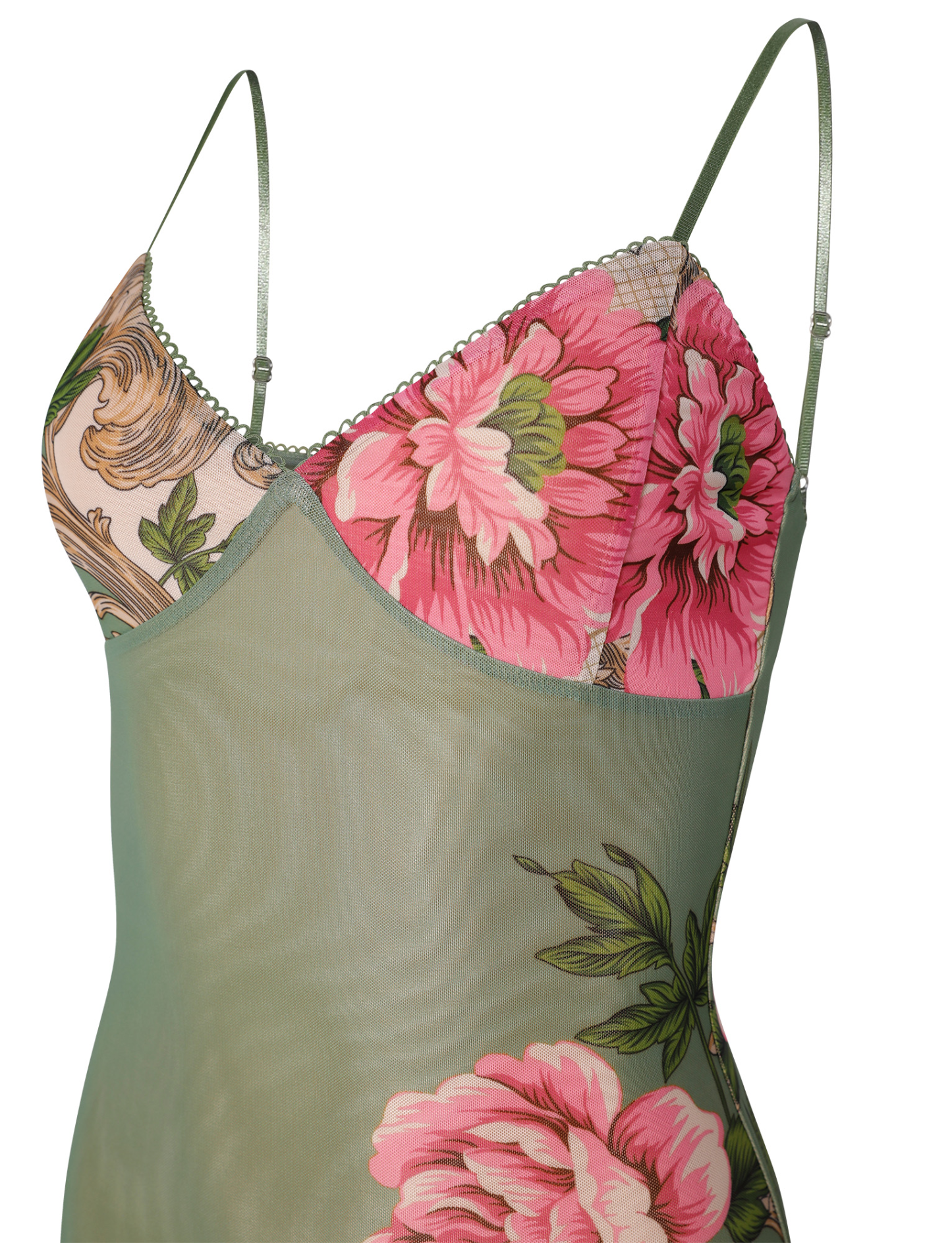 Close-up detail of sweetheart bodice with pink peonies and ornamental stitching