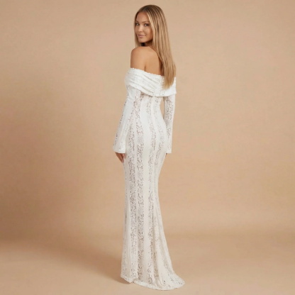 Ivory off-shoulder lace maxi dress with flared sleeves, back angle