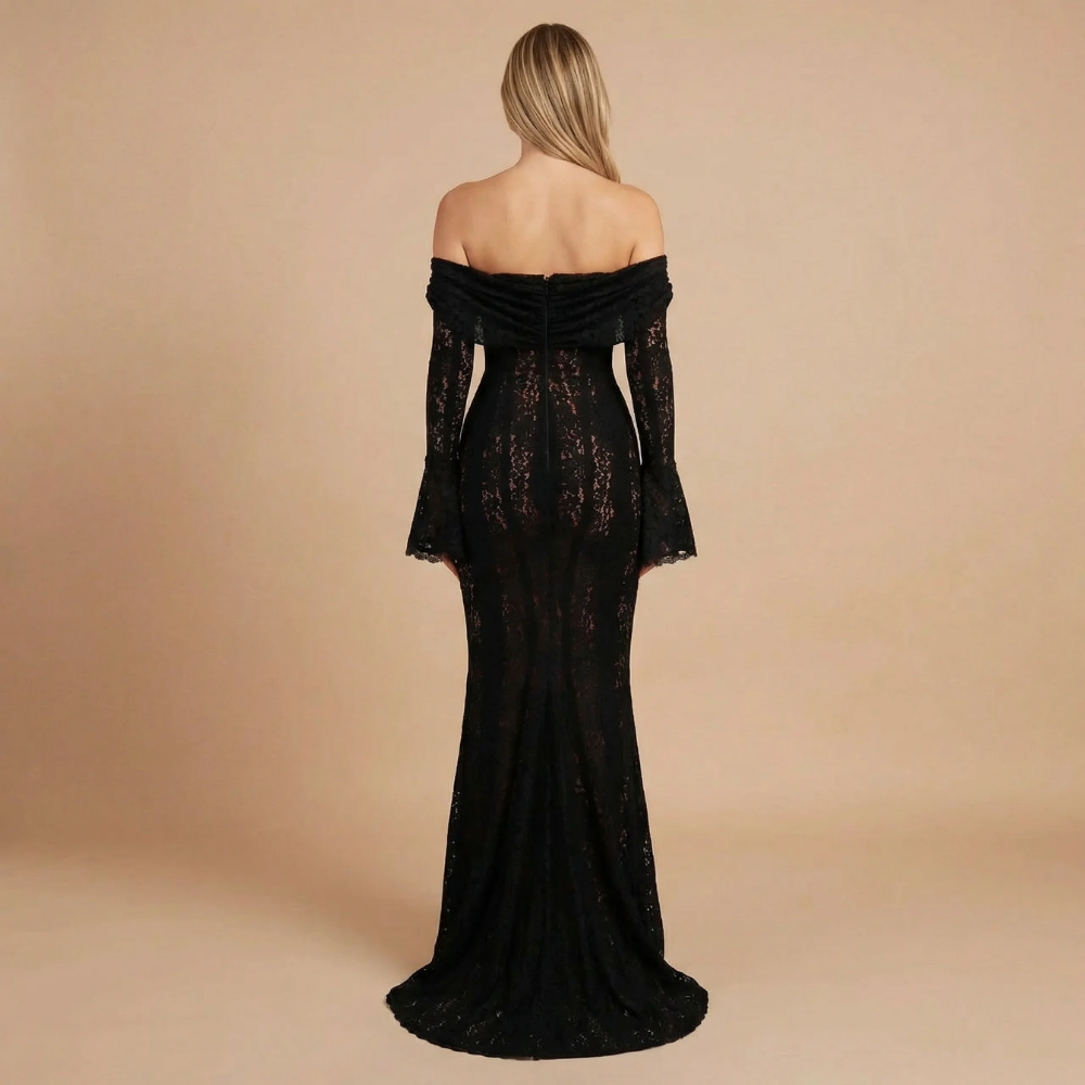 Black off-shoulder lace maxi dress with draped neckline, back view