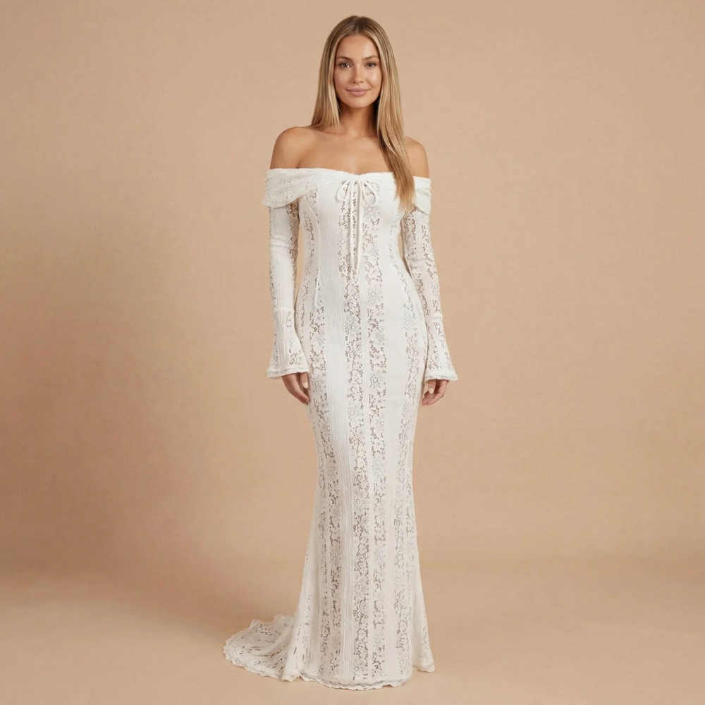 Ivory lace off-shoulder maxi dress with bell sleeves, front view