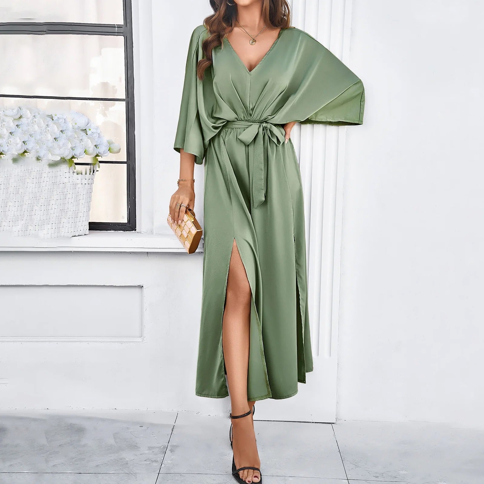 Sage green wrap maxi dress with batwing sleeves and side slit for formal occasions