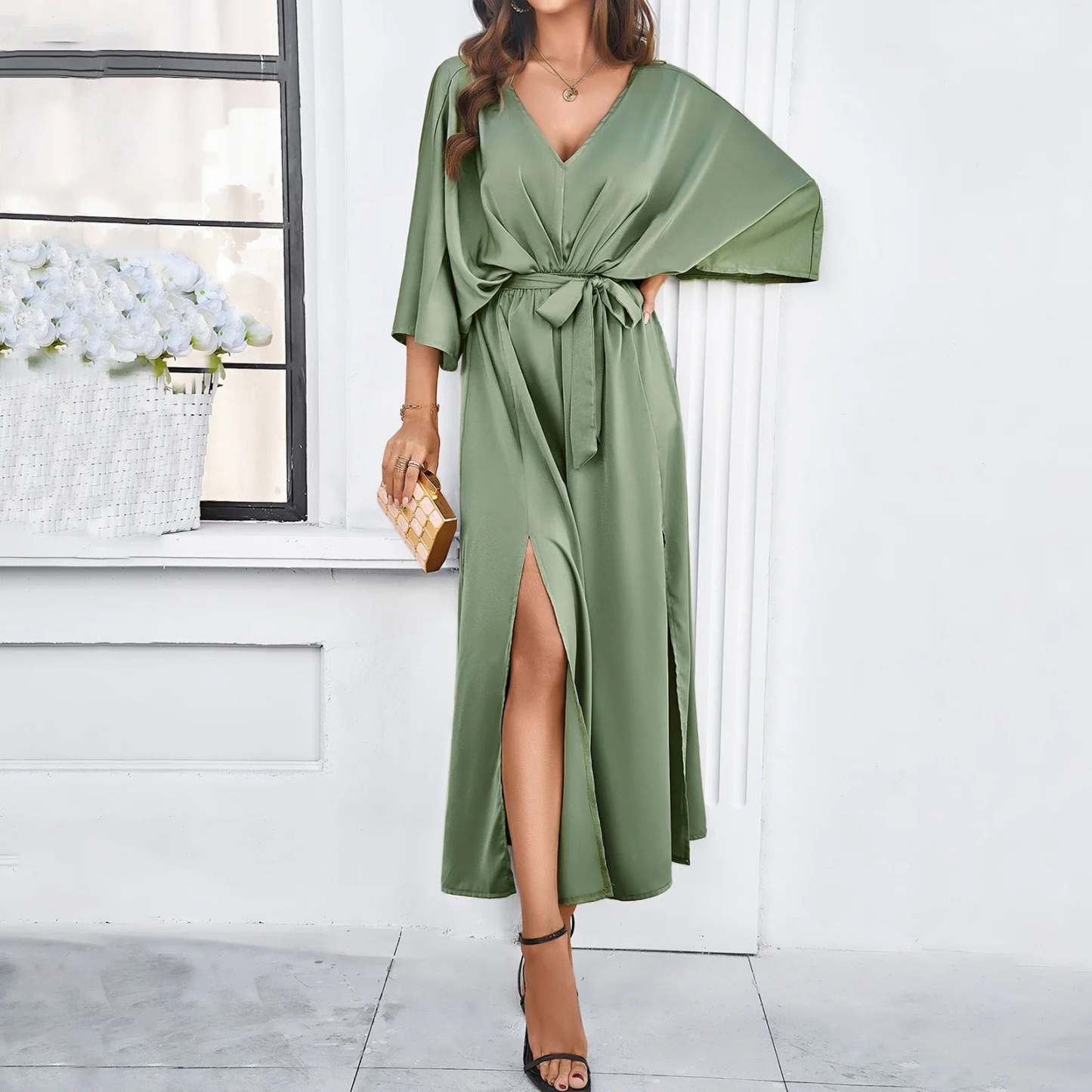 Sage green wrap maxi dress with batwing sleeves and side slit for formal occasions