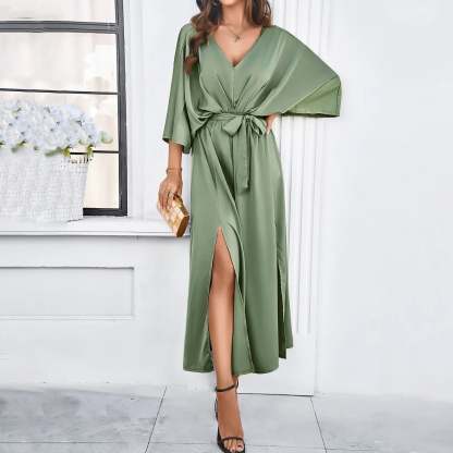 Sage green wrap maxi dress with batwing sleeves and side slit for formal occasions
