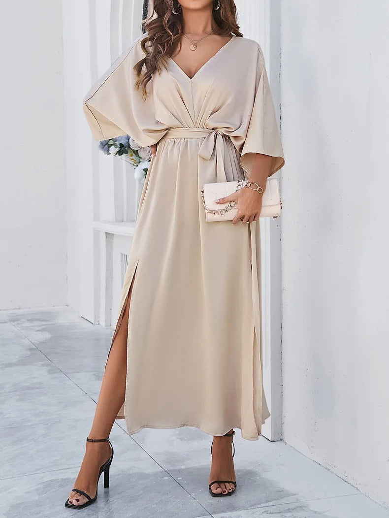 Beige wrap maxi dress with V-neck, batwing sleeves, and self-tie waist belt for women
