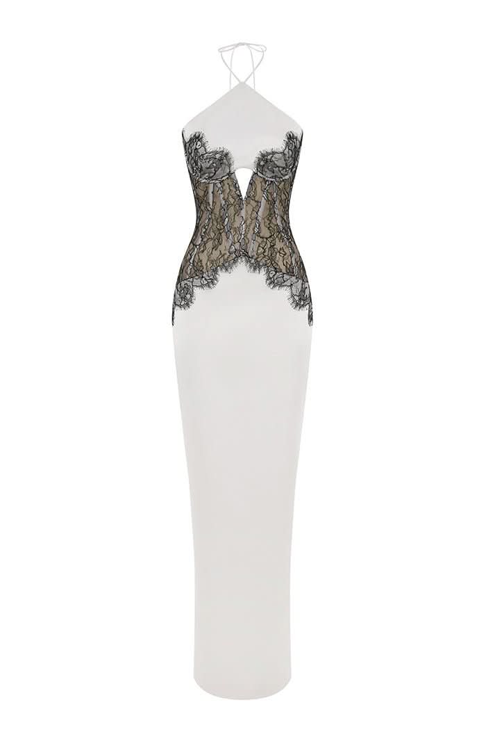Full length front view of lace maxi dress with black lace bust and waist