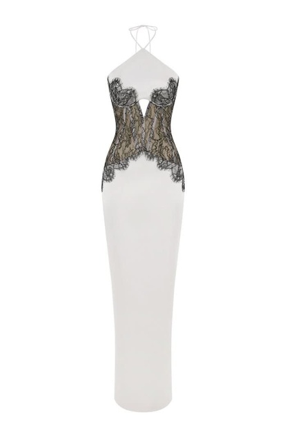 Full length front view of lace maxi dress with black lace bust and waist