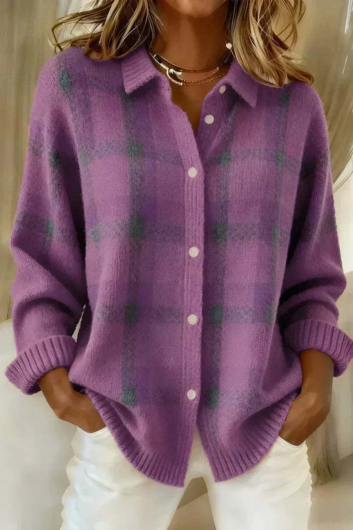 Chandra Plaid Button-Front Cardigan - Purple Plaid