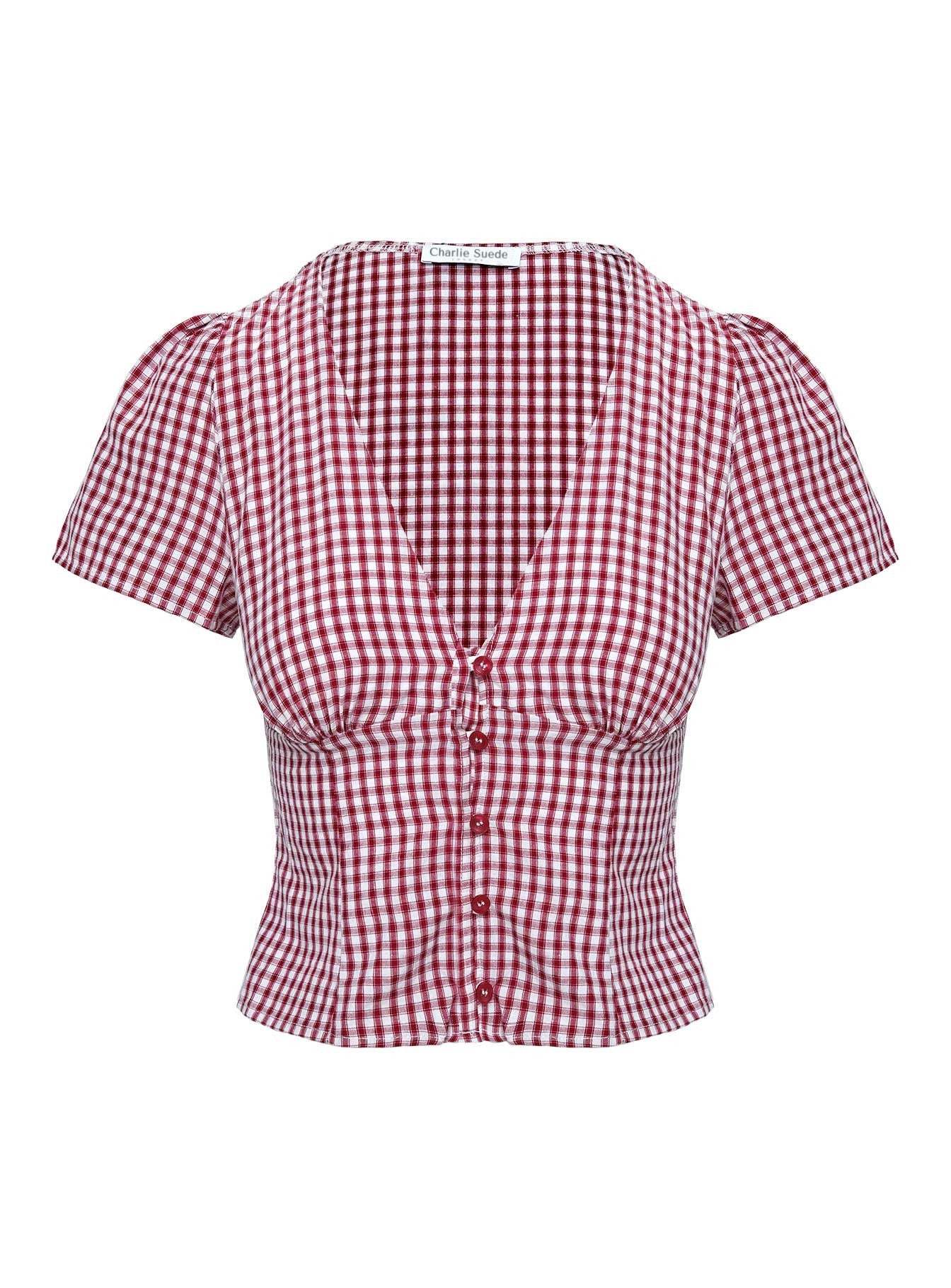 Burgundy gingham women's crop top flat lay showing V-neck, button closure and ruched waist