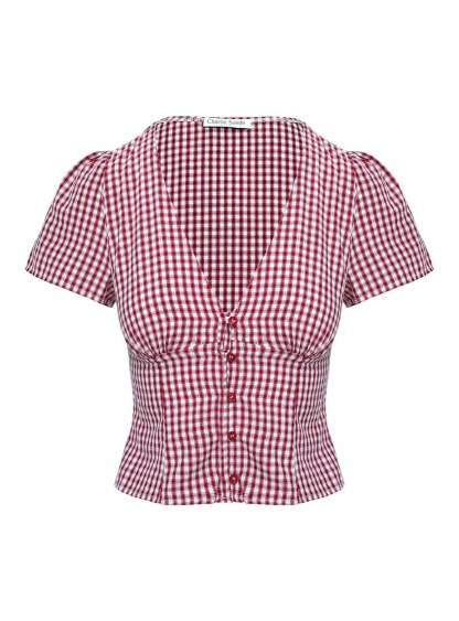 Burgundy gingham women's crop top flat lay showing V-neck, button closure and ruched waist