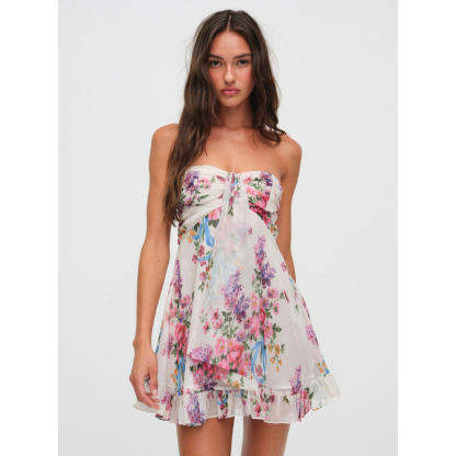 Chiara Bow Mini Dress - Ivory Floral