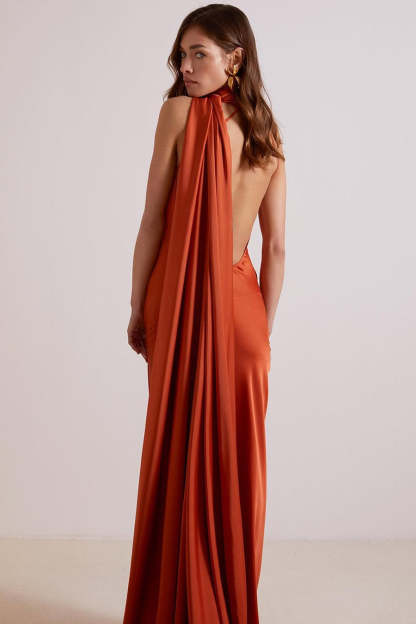 Ciara Satin Maxi Dress - Rust Orange